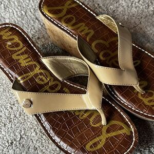 Sam Edelman Women's Platform Cork Wedge Gold Thong Sandals Sz 8 Summer Beachy